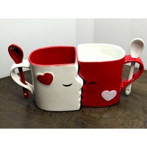 Blu Devil Kissing Mugs Set With Spoons 13 Oz Red & White Ceramic Anniversary Wed